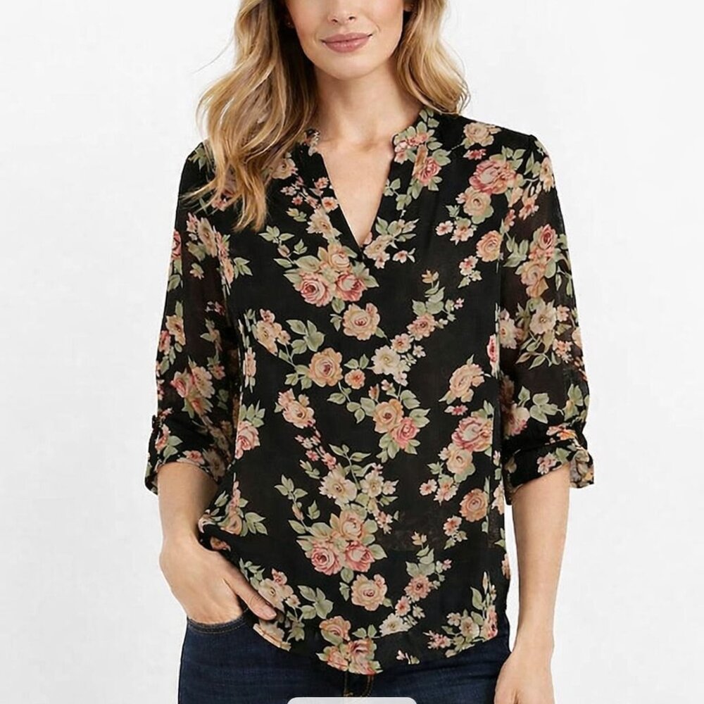 No Boundaries Sheer Floral Black Blouse Sz. M Cottagecore Romantic Delicate